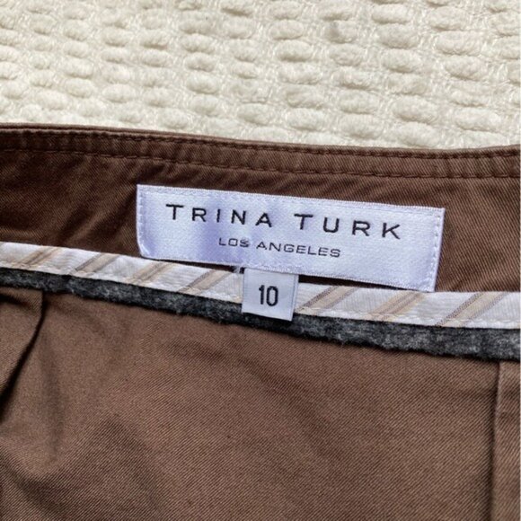 Trina Turk Brown Button-Up A-Line Midi Skirt Size 10 Cotton Blend Made In USA - Picture 7 of 8